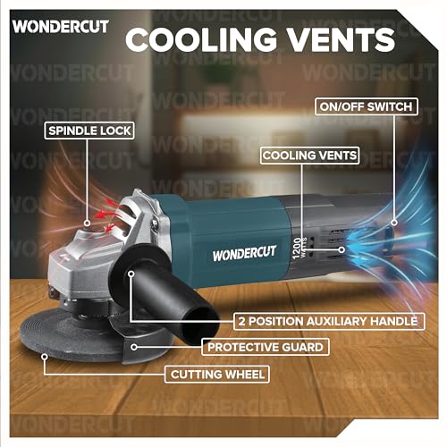 Image of WONDERCUT Angle Grinder WC-AG-807+5, 1200W Professional Copper Armature, Disc Dia 100mm,11000 RPM for Cutting Grinding & Polishing with 5Pcs Cutting Wheel & Protective Guard |Slim Body & Back Switch