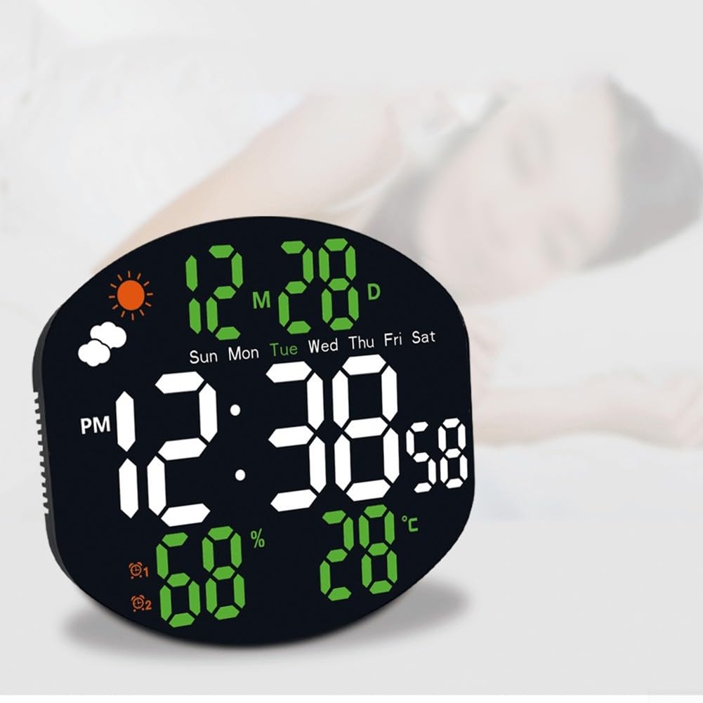 Grande orologio da parete digitale, multifunzione, a LED, stazione meteo digitale con sensore di umidità e temperatura, ampio display, ora, data, calendario, doppio allarme per soggiorno (bianco e
