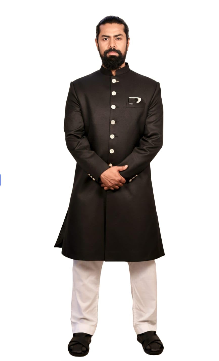 Black Sherwani With Golden Buttons And Golden Kerchief & White Pajama-picture-13
