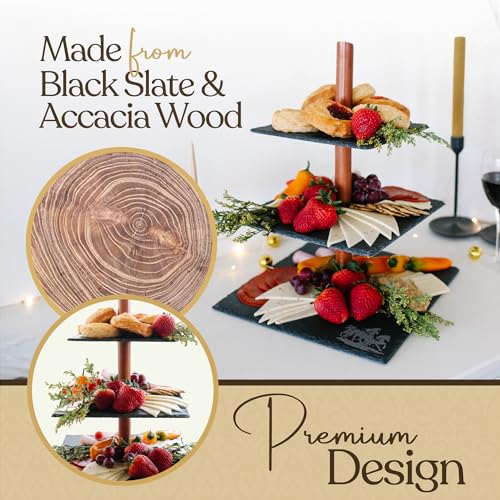 Tiered Tray Stand Space-Saving Modern and Rustic 3 Tier Serving Tray w/Slate & Acacia Wood multipurose Tiered Tray Hosting Essentials Tiered Serving Tray Relish Tray - Image 7