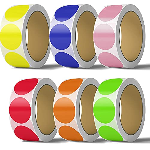 6 Rolls of 1" Dot Matte Multi Color Code Labels (Red, Blue, Green, Yellow, Orange, and Pink) for Color Coding and Organization, Round Easy Peel Strong Self Adhesive Dot Stickers,1000 Stickers Per Roll