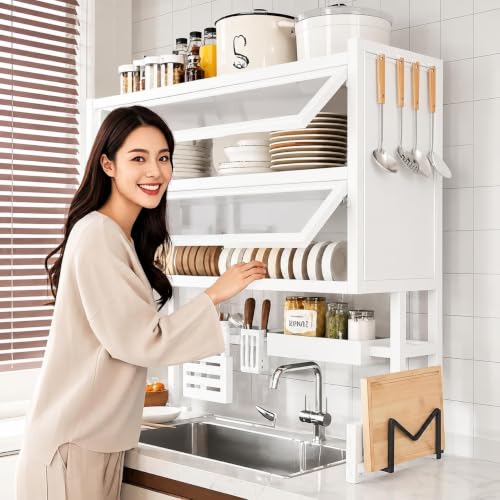 Image of YAGVIZ Sink Dish Drying Rack with Flip Cover Door, Kitchen Double Layer Multifunctional Countertop Organizer, Dustproof Space-Saving Drain Shelf with Dishwasher /Tableware Storage