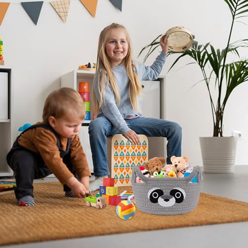 Image of Small Storage Basket for Nursery,Raccoon Storage Basket Round Woven Rope | Cotton Storage, Baby Blanket 0rganizer with Ears Handles, Animal Blanket Towel Decor Storage Bins, 8.2 inchD x 4.7 inchH in