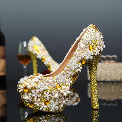Chaussures de mariée jaune à talons hauts strass et perles élégantes taille 38