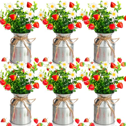 Mimorou 6 Sets Summer Strawberry Centerpieces for Tables Artificial Strawberry Daisy Plants with Vase and Fake Strawberries Berry Farmhouse Sweet Baby Shower Decor for Home Party Wedding Kitchen