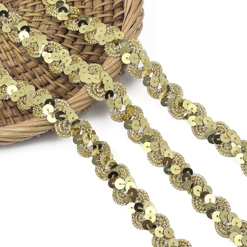 10 Yards Gold Sequin Trim 0.7 Inch Flat Sequin Ribbon for Sewing Decorative Paillette for Clothes Crafts and Home Party Decorations