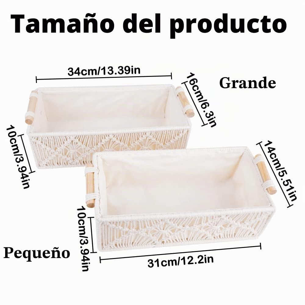 2 cestas de almacenamiento de macramé con asas de madera, HAOTIAN-X blanco boho decoración de baño cestas tejidas para estantes, encimeras hechas a mano, cajas de organizador de armario de inodoro