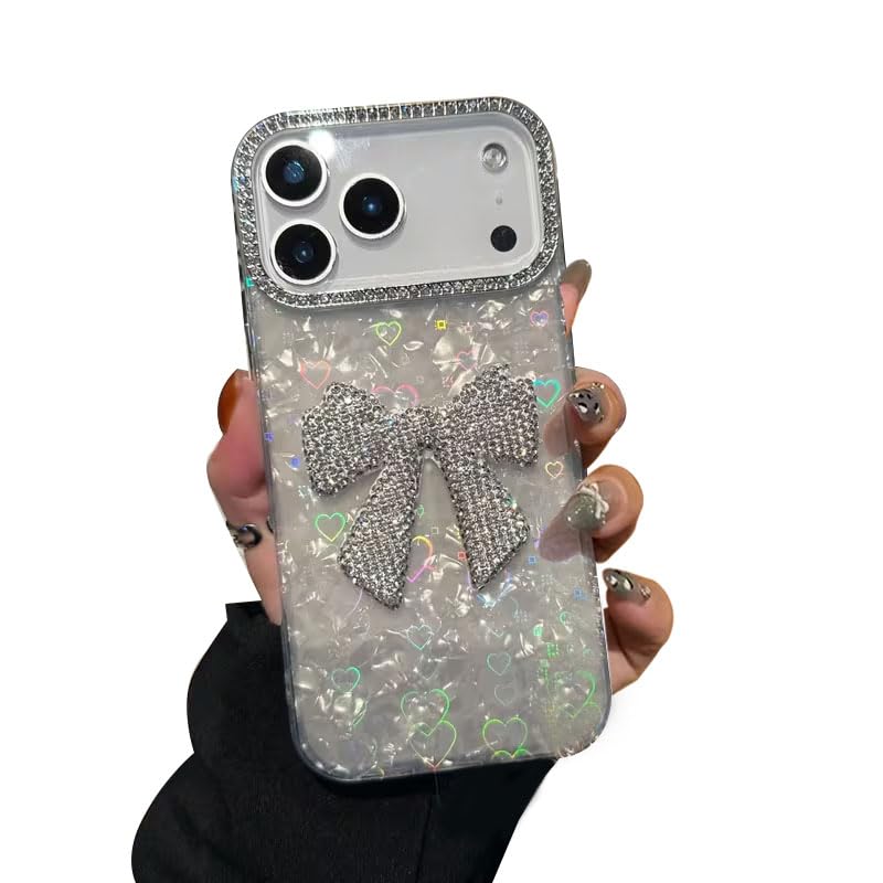 Image of mobistyle Compatible with iPhone 17 Pro | Rhinestone Bow Elegant Heart Shell Pattern and Camera Lens Protection Back Cover Case for Women Girls iPhone 17 Pro (White)