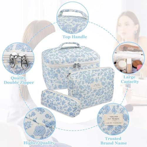 Image of Lyrovo Makeup Organizer Cosmetic Bag Quilted Large Floral Make Up Organize Set for Women Flower Travel Toiletry Bag (Blue-White)