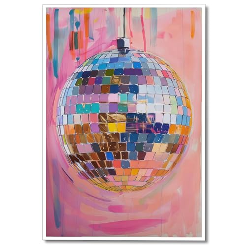 Trendy Soft Pink Disco Ball Canvas Wall Art Funky Girl Silver Mirrorball Textured Poster Maximalist Preppy Print Vintage 70s Bar Cart Dopamine Wall Decor for Girly Dorm Bedroom 12x16in Unframed