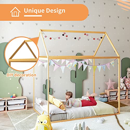 Linor House Bed Frame Floor Height Platform Bed,Wood Floor Bed Frame For Kids,Toddlers House Floor Bed With Roof And Slat,Bed With Headboard & Footboard For Children Boys Girls Teens (Wood, Full) #TOP4
