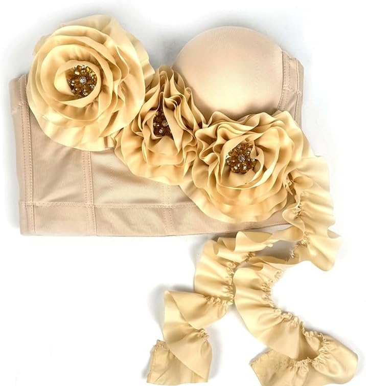 JSEIAJB Spring American Flower Tassel Outer Wear Herringbone Bra Slim Fit with Coasters Suspenders Vest French Underwear(Beige,34B)