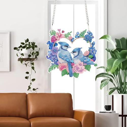 Image of AiYuanzsh Diamond Art Painting Ornament Flowers and Birds Blue Hanging Sign Set Diamond Art Hanging Wall Art DIY 5D Crystal Rhinestone Pendant Kits for Wall Door Window Decorations