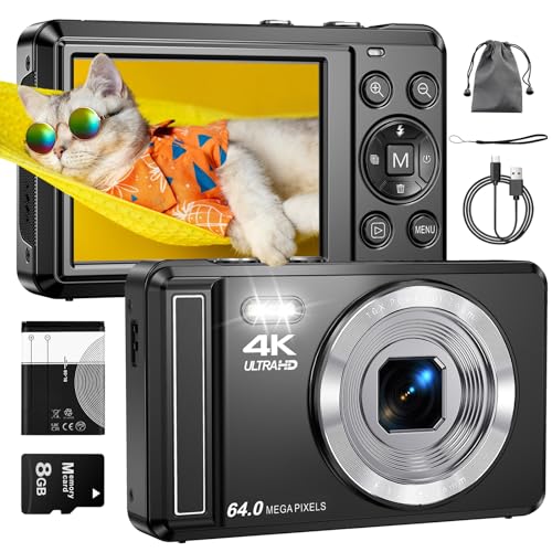 ZMOQNG Digital Camera 4K 64MP Autofocus with Micro SD Card, 2.8" Screen Compact Vlogging Camera with 1200 mAh Battery, for Teens Students Beginners