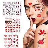 Lot de 17 feuilles de tatouages pour le visage en forme de cœur - Pierres scintillantes autocollantes - Visage et cœur - Tatouage temporaire - Saint-Valentin - Décoration de maquillage - Pour femme et