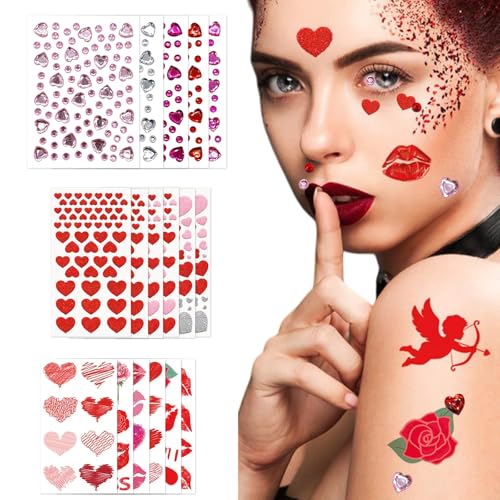 17 Blatt Herz Gesichtstattoo Karneval Set - Selbstklebende Glitzersteine Gesicht & Herz Tattoo Gesicht Temporär - Valentinstag Makeup Deko Herz Aufkleber - Damen & Kinder