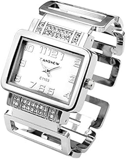 JSDDE Uhren Fashion Quadrat Strass Damen Spangenuhr Edelstahl Armbanduhr Hollow Band Analog Quarzuhr(Silber-Weiss)