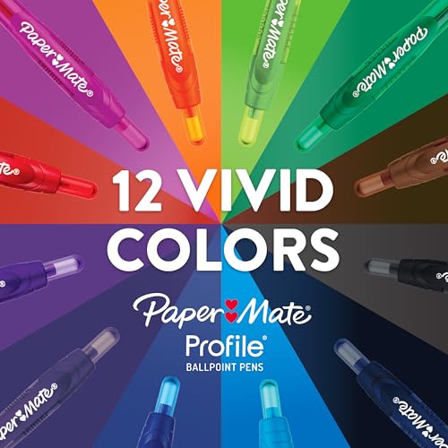 Image of Paper Mate Profile Retractable Ballpoint Pens, Bold Point (1.4mm), 12 Assorted Colors, 36 Count - Classroom, Teacher, Colorful Office Supplies, Large Pack
