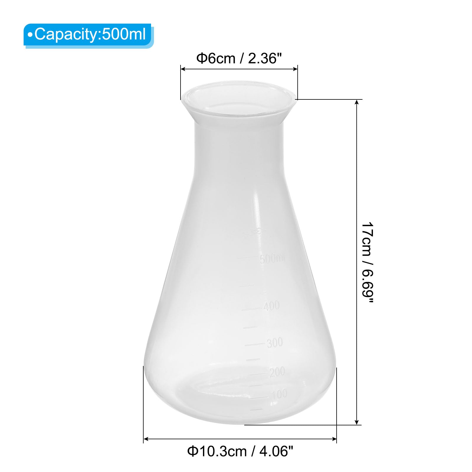 PATIKIL 500ml Matraccio di Plastica Erlenmeyer, 2pz Ampio Pallone Conico da Laboratorio, Chiaro