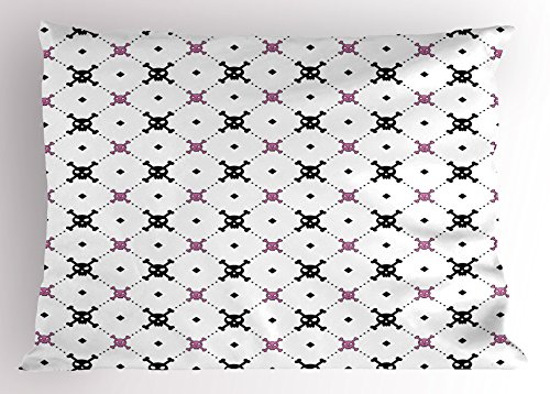 Ambesonne Skull Pillow Sham, Girly Skull and Crossbones Checkered Pattern Simple Design Image, Decorative Standard Queen Size Printed Pillowcase, 30