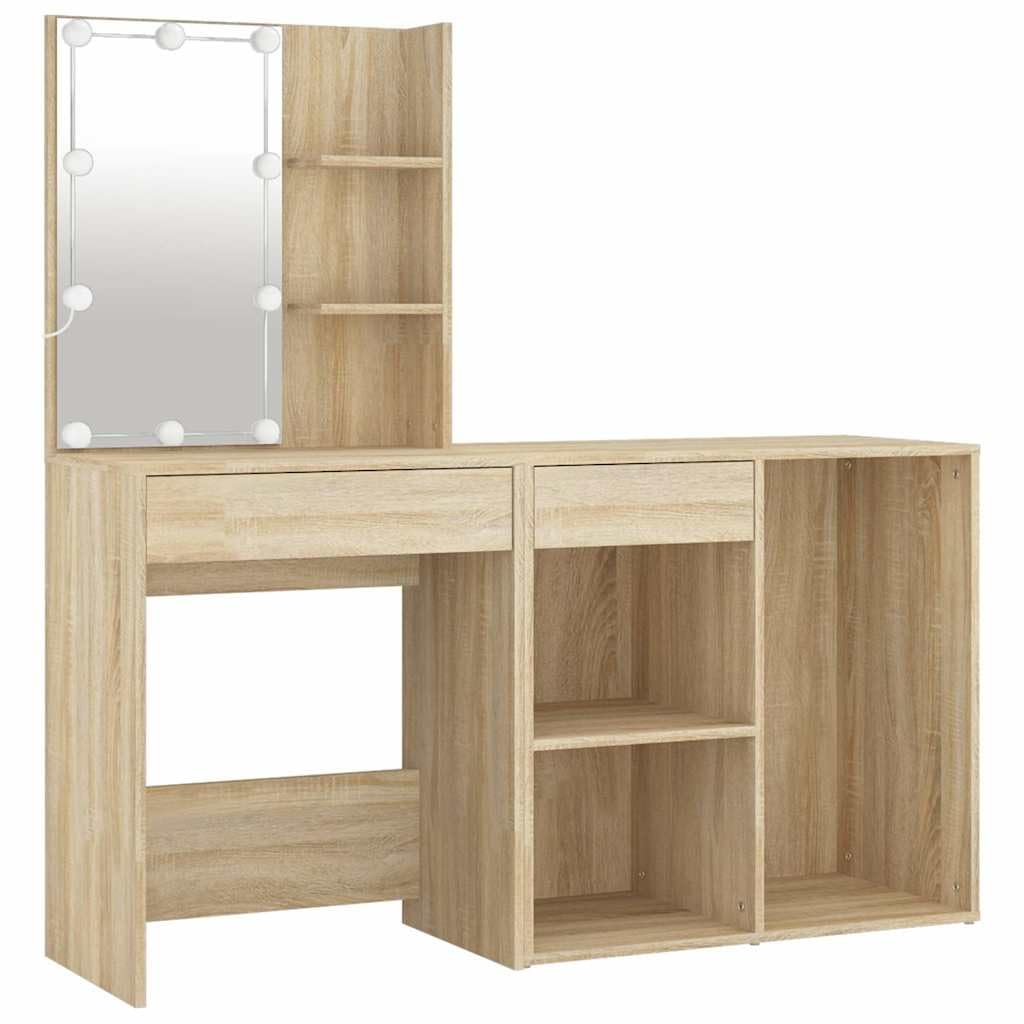 Toaletka LED z szafką dąb Sonoma materiał drewnopochodny 60 x 40 x 140 cm, toaletka z oświetleniem LED i USB, schowek z szufladami, szafka pod lustro do sypialni i łazienki