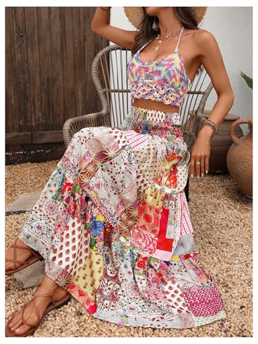 Verdusa Women's Boho Printed Ruffle Skirt Elastic High Waisted A Line Flowy Long Skirts4