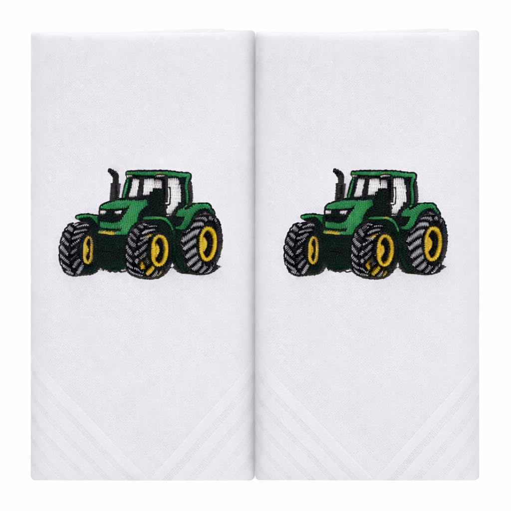 Mandittions Men's White With Green Tractor Box Of 2 White Cotton Handkerchiefs Each Embroidered With A Green Farm Tractor