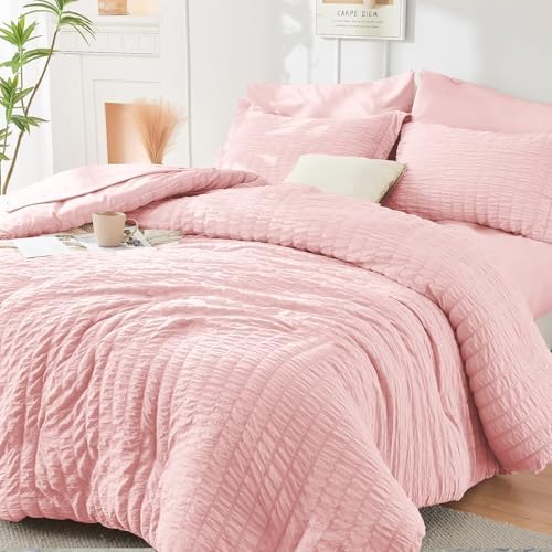 Seersucker Bed Linen 135 x 200 cm Pink Summer Plain Reversible Striped
