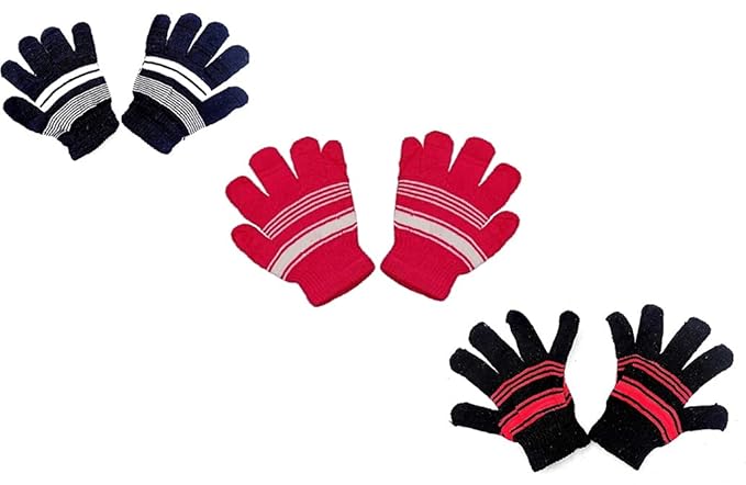 Dressify Boys I Girls Striped Design Winter Woolen Multicolor Gloves Pack of 3 For Age-6-7 Year