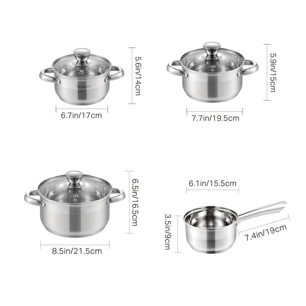 Kochtopf, Kochgeschirr-Set Edelstahl 7-teilig Küche Kochtopf & Pfanne Set, Stielkasserolle, Schmortopf, Dampfgarer, Bratpfanne mit Glasdeckel