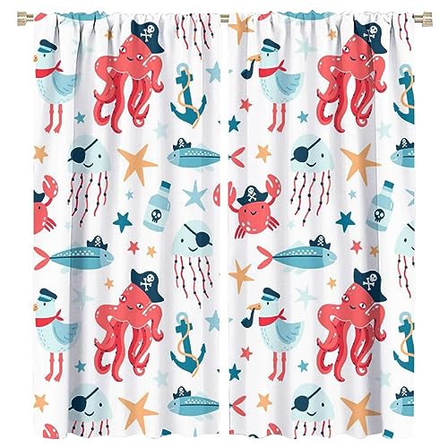 Cartoon Marine Animal Curtains for Kids,Pirate Design Cute Ocean Animal Sea Wildlife Print Window Treatments for Boys Girls Bedroom Living Room Nursery Study 2 Panels Total Size 63 x 72 Inch