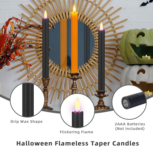 Image of SHENSY Halloween Flameless Taper Candles -6Pack Orange and Black Real Wax LED Candlesticks with 3D Flickering Flame, Battery Operated with Remote & Timer - Spooky Window and Table Decor