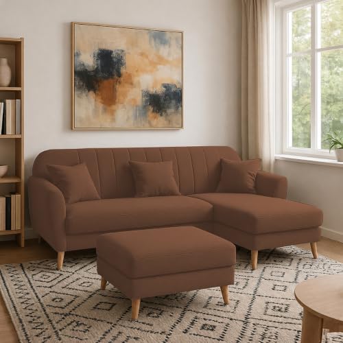 Image of Atticus RHS 4 Seater L Shape Sofa Set with Ottoman for Living Room (Brown Fabric) Premium Fabric Sofa Set