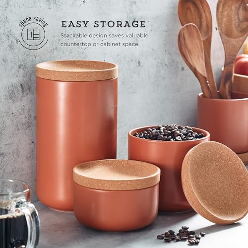 Image of Kamenstein Ceramic and Cork Lid Stackable Canisters, Natural Cork and Terra Cotta Ceramic, Set of 3, 1 /2 qt, 1 qt, 2 qt