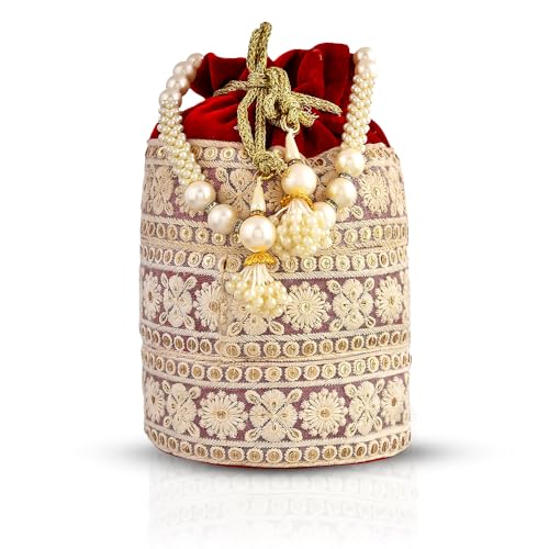 Image of Kuber Industries Potli | Velvet Wedding Potli | Beads Handle Potli | Wallet Potli | Christmas Gift Potli | Baby Shower Potli | Lucknowi Potli | Embroidery Potli | Red