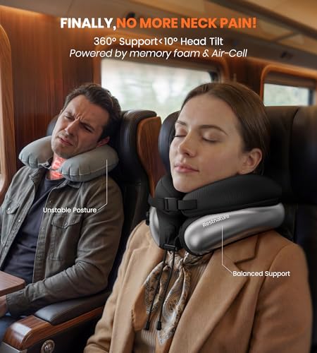 Image of Neck Pillow for Traveling, Travel Pillows for Airplanes, Adjustable Neck Pillow Airplane Travel Essentials - 2 Layer Patented | Inflatable Air Loop & Memory Foam for 360 Ergonomic Support