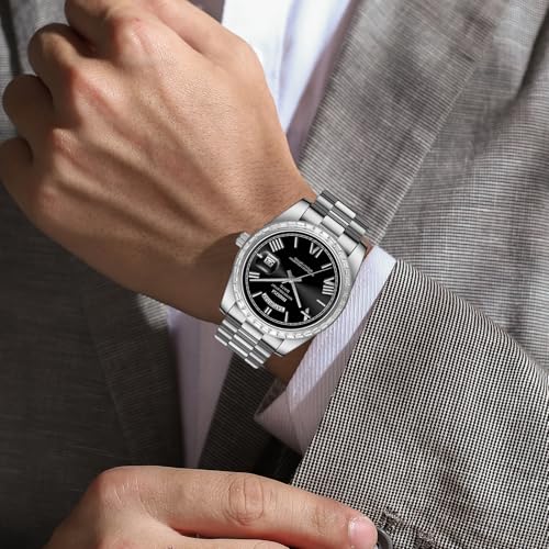 Image of NIBOSI Watches for Men Analog Quartz Diamond Bezel Stainless Steel Dial Rose Gold Silver Mens Watch Waterproof Business Classic Dress Wrist Watch with Day Date