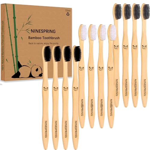 NINESPRING 12 Cepillo de Dientes de Bambú,Cerdas Suaves,Cepillo de Dientes de Madera Natural y Ecológico, Cepillos de Dientes de Carbón Biodegradables