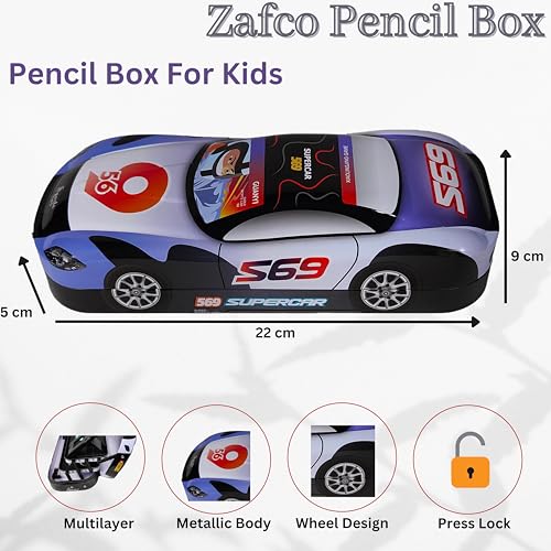 Image of ZAFCO Metal Pencil Box for Boys | Compass for Kids | Pen Box for Students | Geometry for School | Car Theme | Birthday Return Gift 1 Unit (Black)