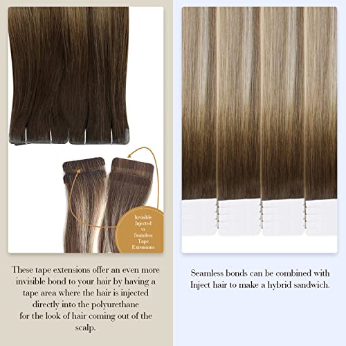 Image of Full Shine Injected Tape in Hair Extensions 5Pcs 18 Inch Virgin Injection Tape in Extensions Color 3 Brown Fading to 8 Ash Brown And 22 Blonde Unprocessed Seamless Tapes in Human Hair 12.5 Gram