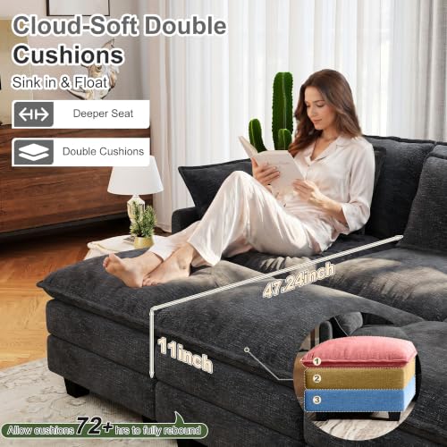 Image of 107 inch Cloud Couch Sectional Modular Sofa, Deep Seat Couches with Ottoman and Removable Washable Pillows for Living Room, Bedroom, Apartment, Black