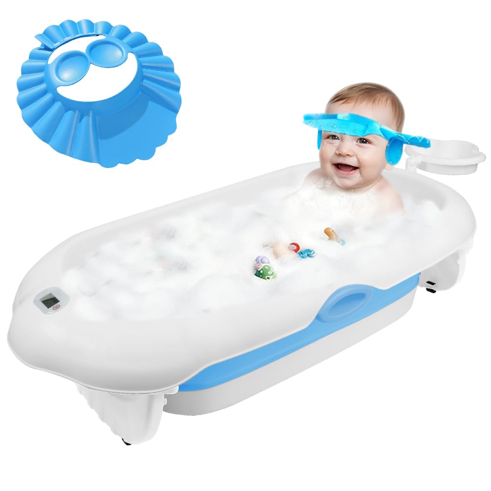 Vasca da bagno pieghevole con cuscino di supporto per il bagno, con cuffia da bagno impermeabile, supporto, termometro, pieghevole compatto e facile da pulire