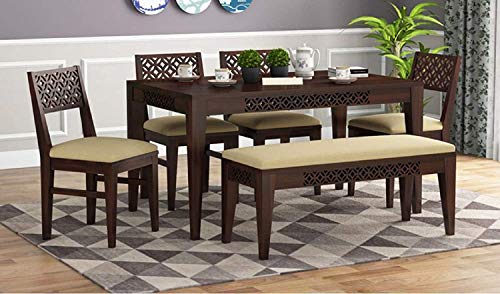 Image of Wooden Sheesham Wood Dining Table 6 Seater | with 4 Chairs 1 Bench | Walnut