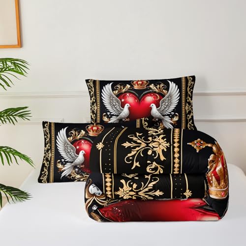 Image of Red Heart Comforter Set Queen Size for Women Girls,Love Pattern Bedding Set 3 Pieces,Crown Love Heart Bird Print Black Paisley Bedding Set,Boho Quilt Set with 2 Pillowcases