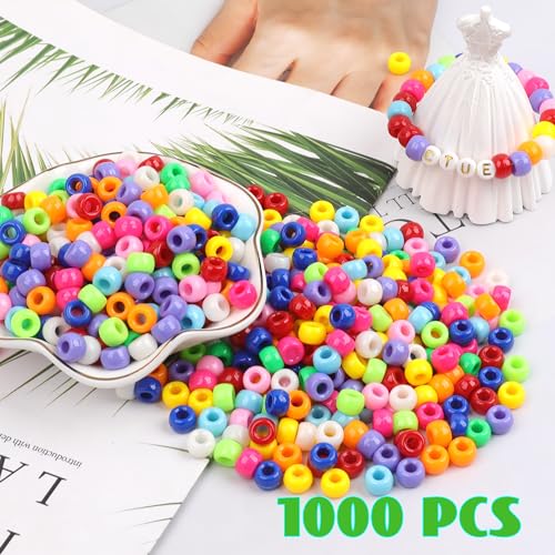 Image of 1000Pcs Pony Beads Bracelet 9mm Rainbow Plastic Barrel Pony Beads for Necklace,Hair Beads for Braids,Key Chain,Jewelry Making (Multicolor)