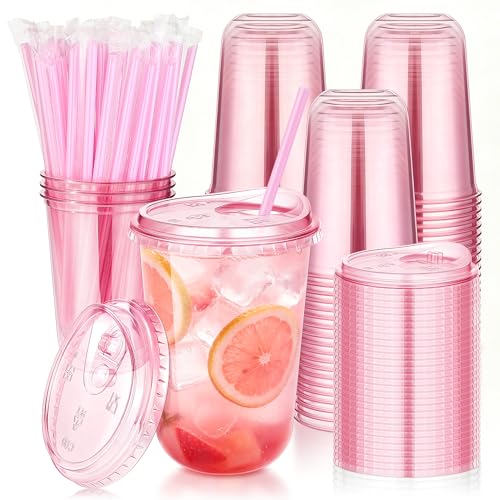KesaPlan 50 Pack 16oz Pink Plastic Cups with Sip Lids & Straws Disposable Iced Coffee Cup for Party Catering Wedding Round Bottom To Go Drink Cup for Juice Cocktails Smoothie Lemonade Supplies