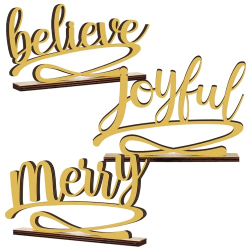 Kathfly 3 Pcs Christmas Tabletop Word Sign Believe Joyful Merry Xmas Mantle Decor Freestanding Christmas Mantle Sign Xmas Wood Cutouts Table Plate Rustic Ornaments for Home Office Decoration(Gold)