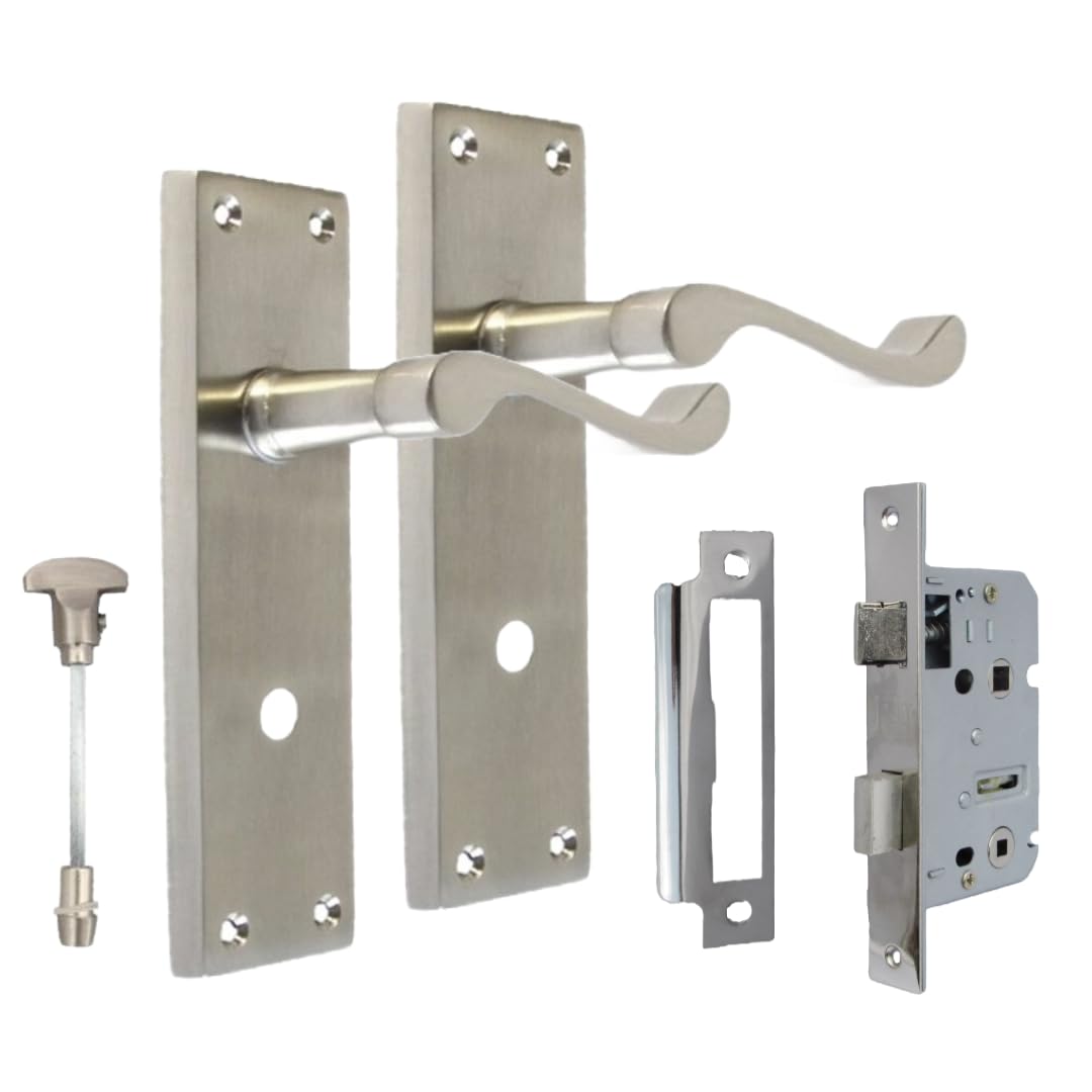 Epsom Door Handle Satin Bathroom Door Handle with Privacy Lock Set and 3 Lever Sash Lock - Victorian Style Internal Thumb Turn Latch for Interior Doors Satin Nickel Door Handles Back Plate 150 x 42mm