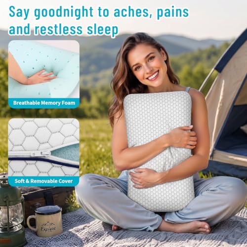 Image of CushyOasis Memory Foam Pillows for Sleeping, Bed Pillow, Camping Size | Ergonomic Supportive Memory Foam for Head, Neck & Shoulders, Breathable Washable Cover, for Side, Back & Stomach Sleepers