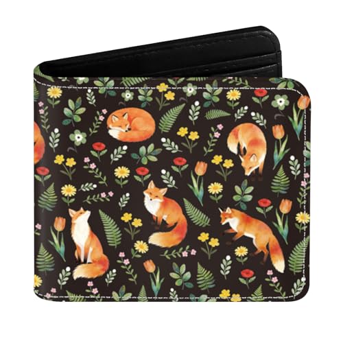 Fox Bifold Credit Card Wallet for Women Fox Lover Flower PU Leather Coin Pocket Wallet with ID Window Gift for Friend Family Wife